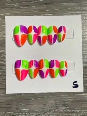 Neon Color-Block Press-On Nails - Multi Neon Pink, Green, Orange, Purple, White